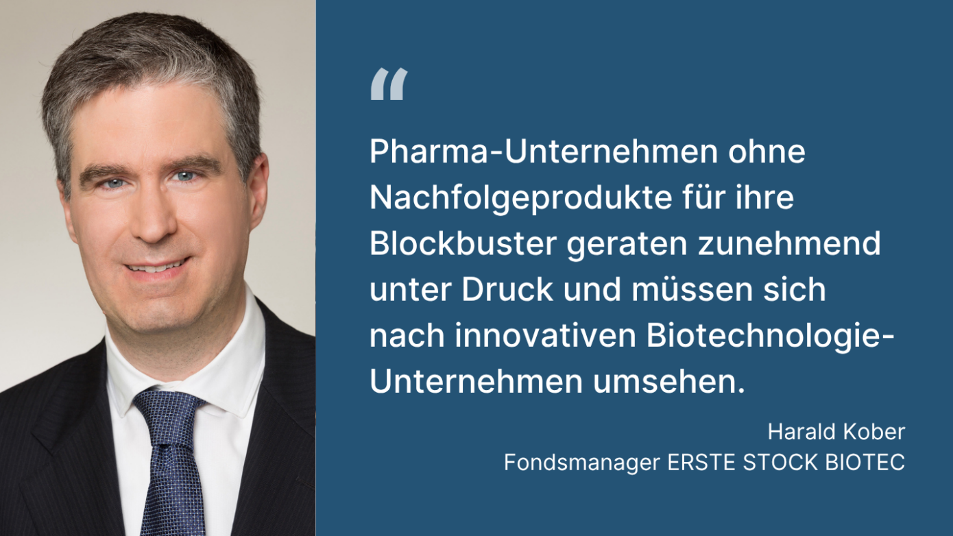 Harald Kober, Fondsmanager ERSTE STOCK BIOTEC: Pharma-Unternehmen ohne Nachfolgeprodukte für ihre Blockbuster geraten zunehmend unter Druck und müssen sich nach innovativen Biotechnologie-Unternehmen umsehen.